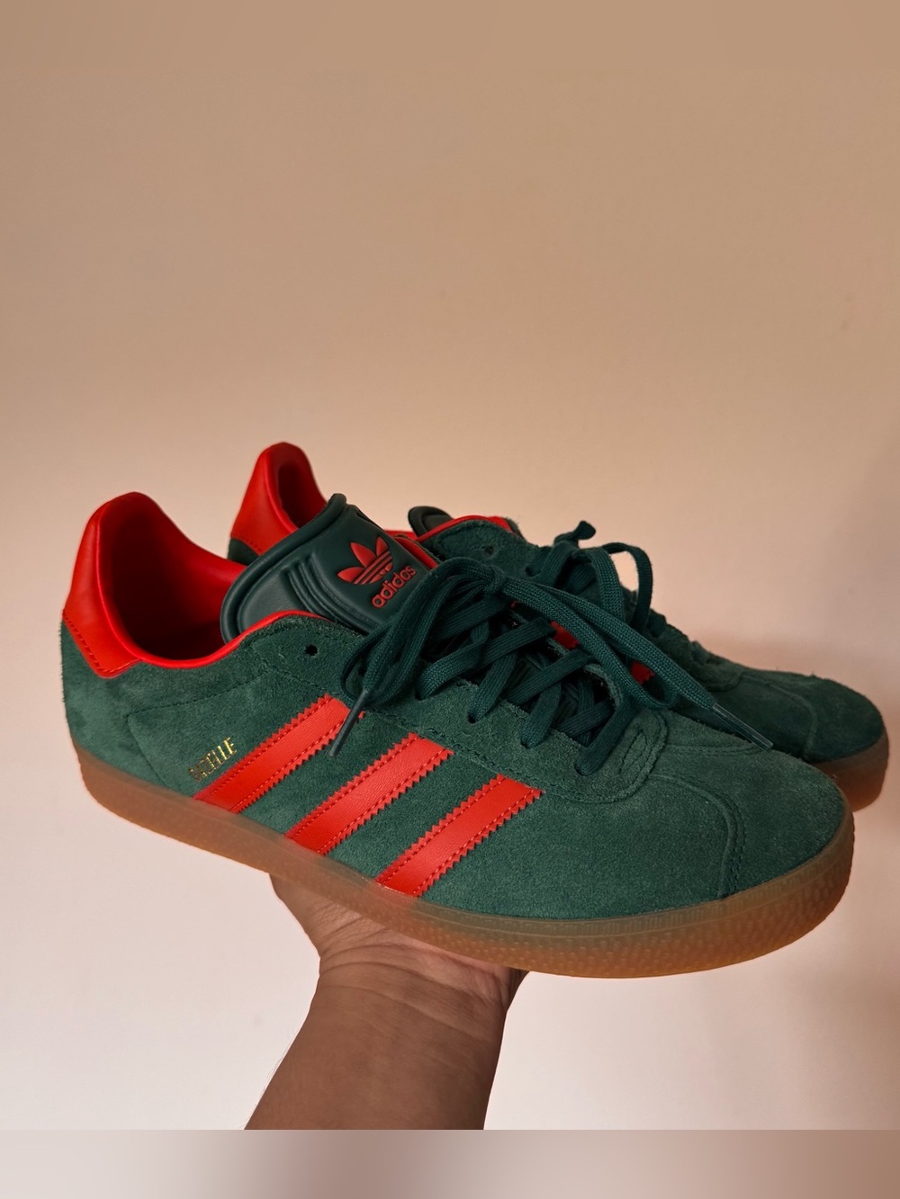 Adidas Gazelle Green Suede Sneakers with Orange Accent